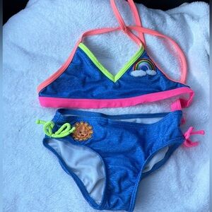 Blue and Pink Bikini Set with Rainbow and Sun Accents size 4/5